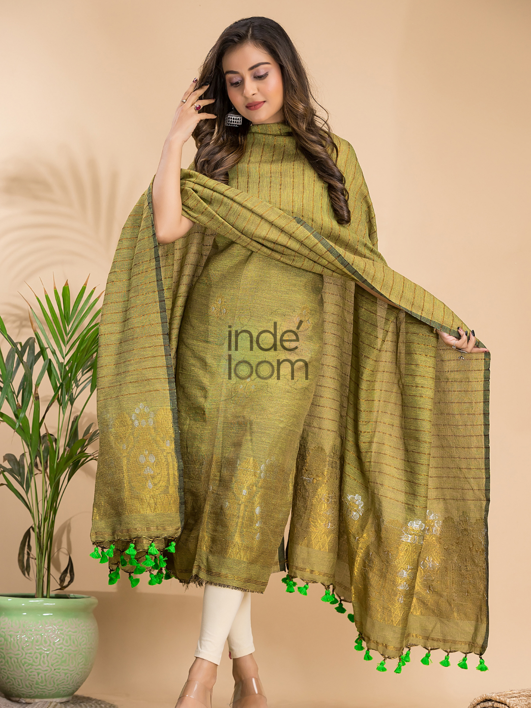 Olive Green Organic Linen 2-Piece Set Kurti & Dupatta (UNSTITCHED) - 006