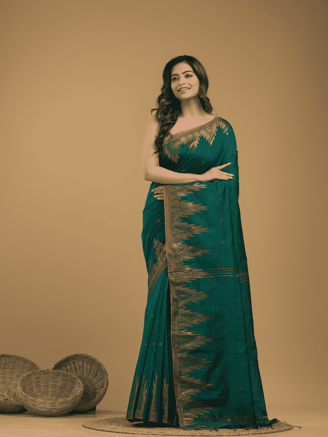 Jamdani Saree With Teal Green - 06 - indeloom