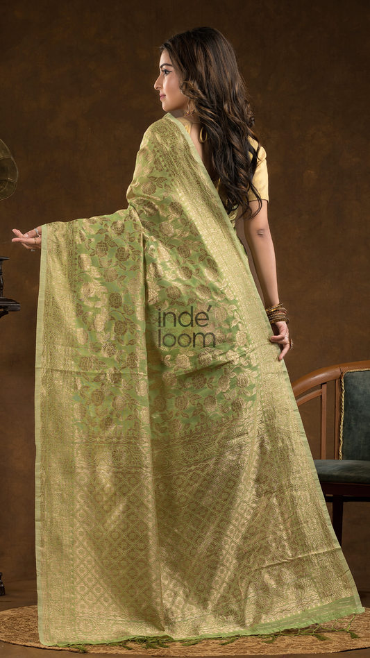 Floral woven design Silk blend Jacquard Saree | Jade Green