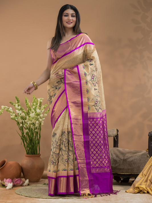 Pure Handloom Korvai Silk Cotton Saree In Butter Yellow Purple Border -175
