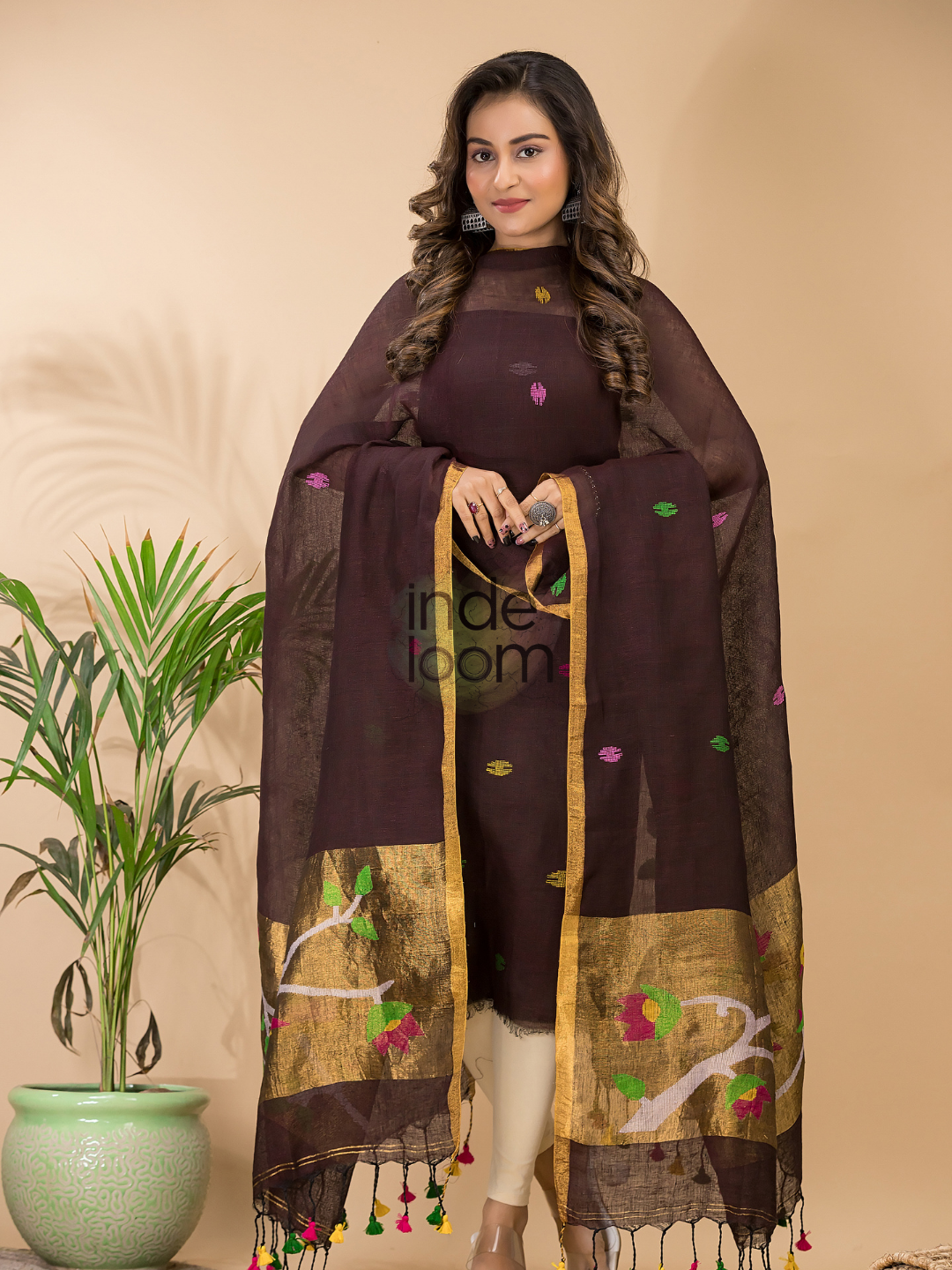 Umber Brown Linen X Linen 2-Piece Set Kurti & Dupatta (UNSTITCHED) - 078