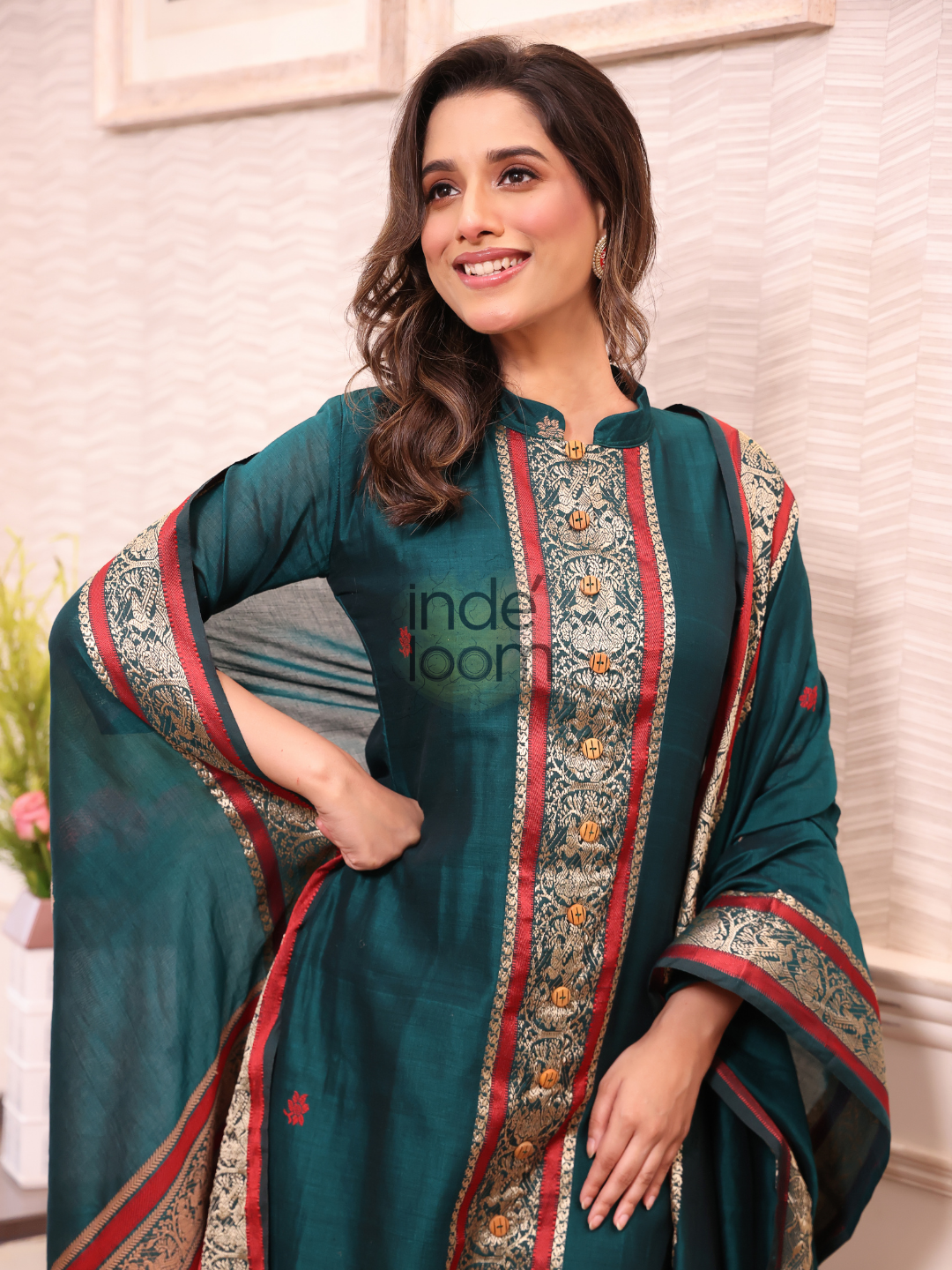 Forest Green Baluchari Linen 2-Piece Set Kurti & Dupatta (UNSTITCHED) - 308