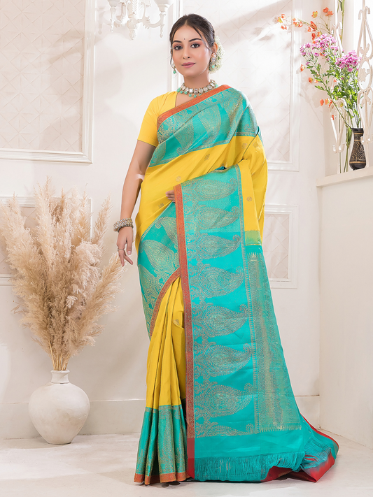 Nimbaka  -  Lemon yellow silk with floral zari and traditional pallu