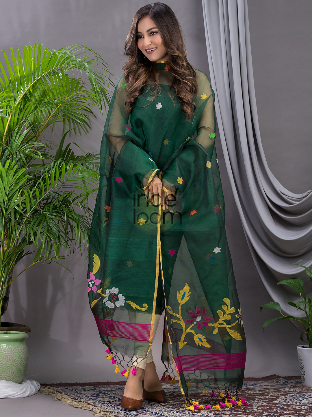 Dark Green Cotton Silk Jamdani 2-Piece Set Kurti & Dupatta (UNSTITCHED) - 106