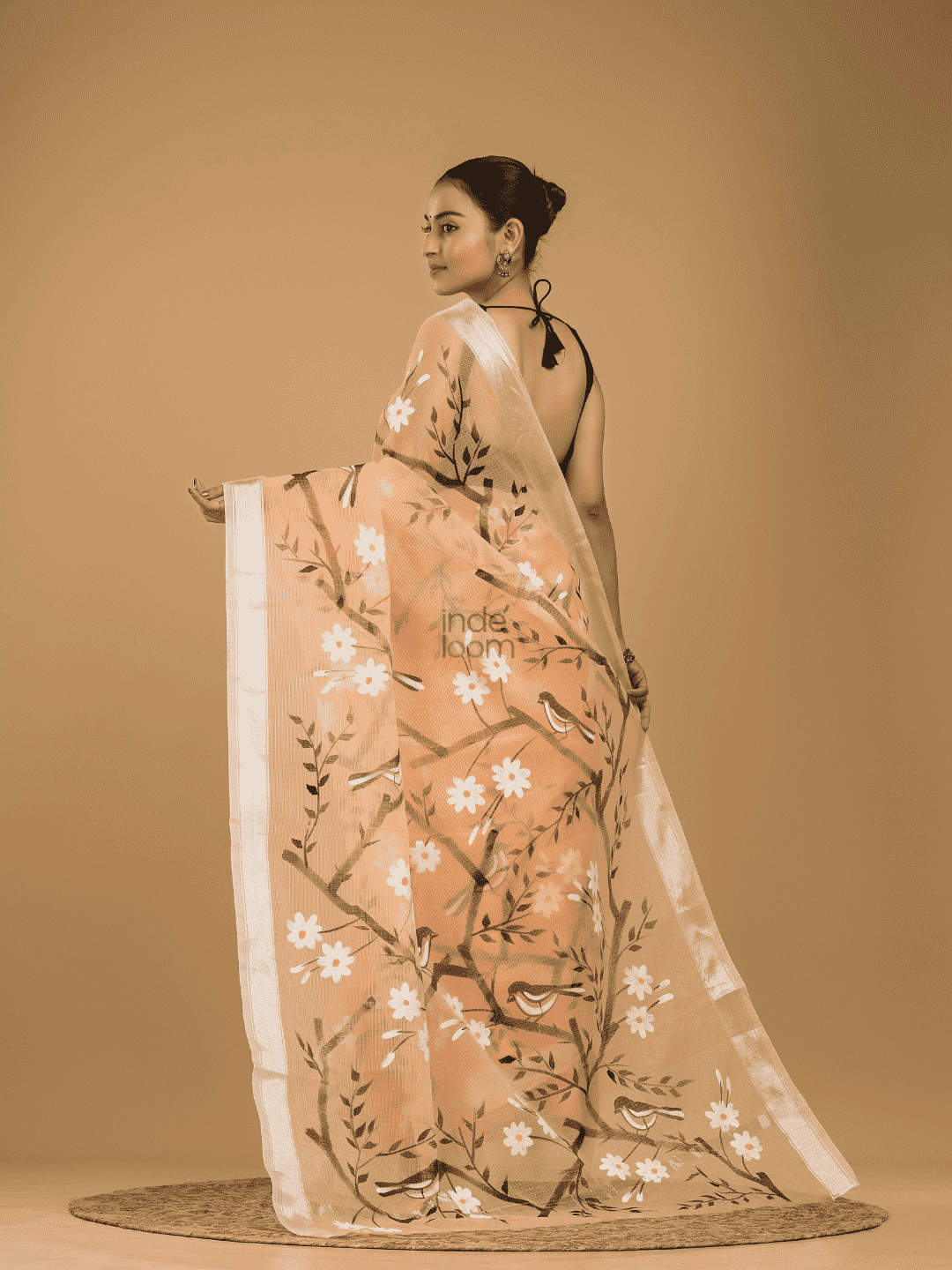 Kota Doria Handpainted Saree With Pale Orange - 006 - indeloom