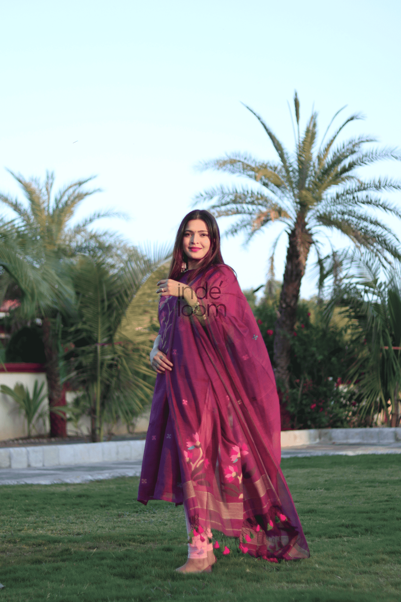 Grape Purple Muslin Jamdani 2-Piece Set Kurti & Dupatta (UNSTITCHED) - 369 - indeloom