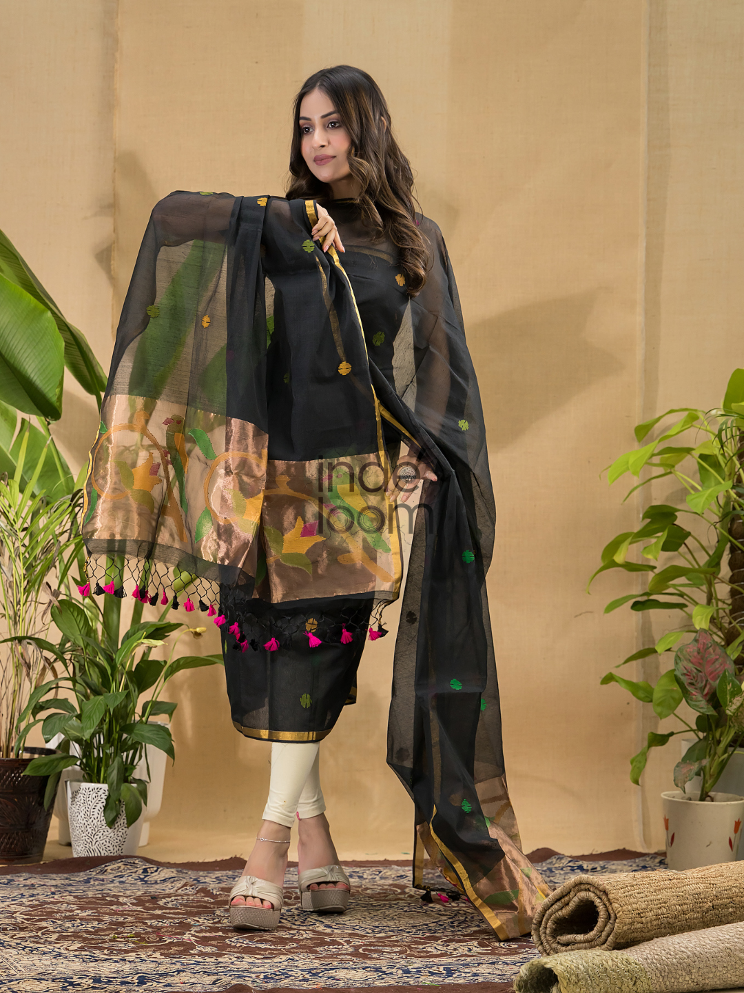Dark Black Jamdani 2-Piece Set Kurti & Dupatta (UNSTITCHED) -775