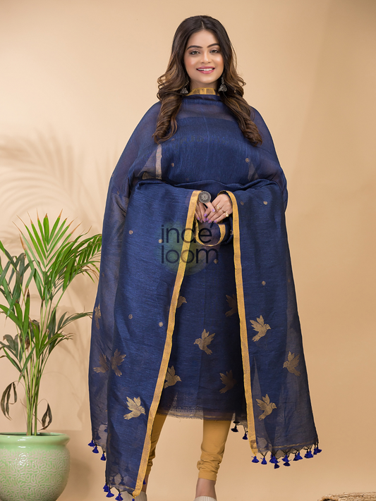 Handwoven Jamdani Cotton Linen Unstitched 2-piece Kurti  |  Denim Blue