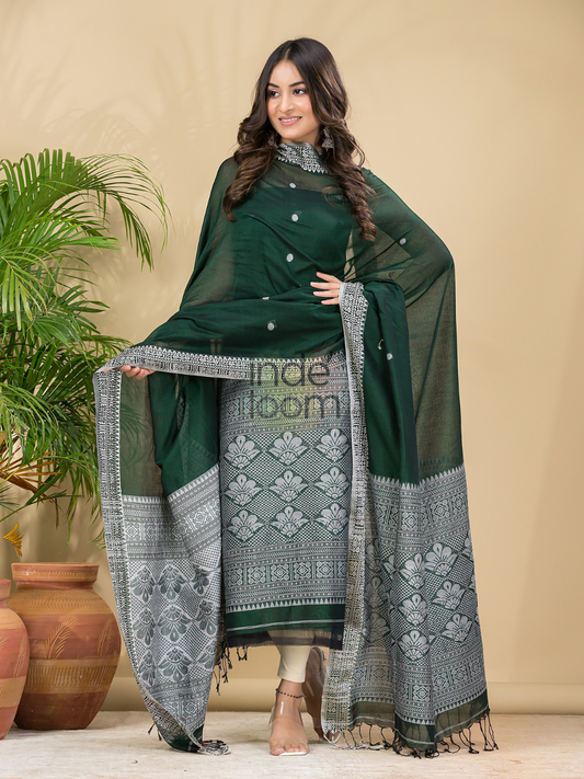 Dark Green Mercerised Cotton Baluchari 2-Piece Set Kurti Dupatta (UNSTITCHED)-887