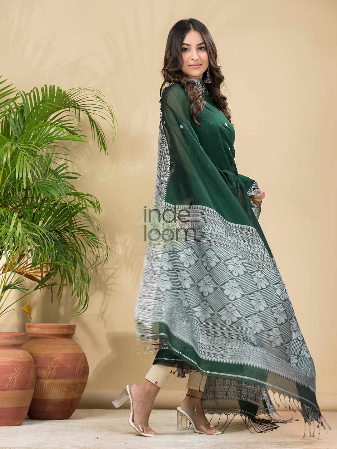 Dark Green Mercerised Cotton Baluchari 2-Piece Set Kurti Dupatta (UNSTITCHED)-887