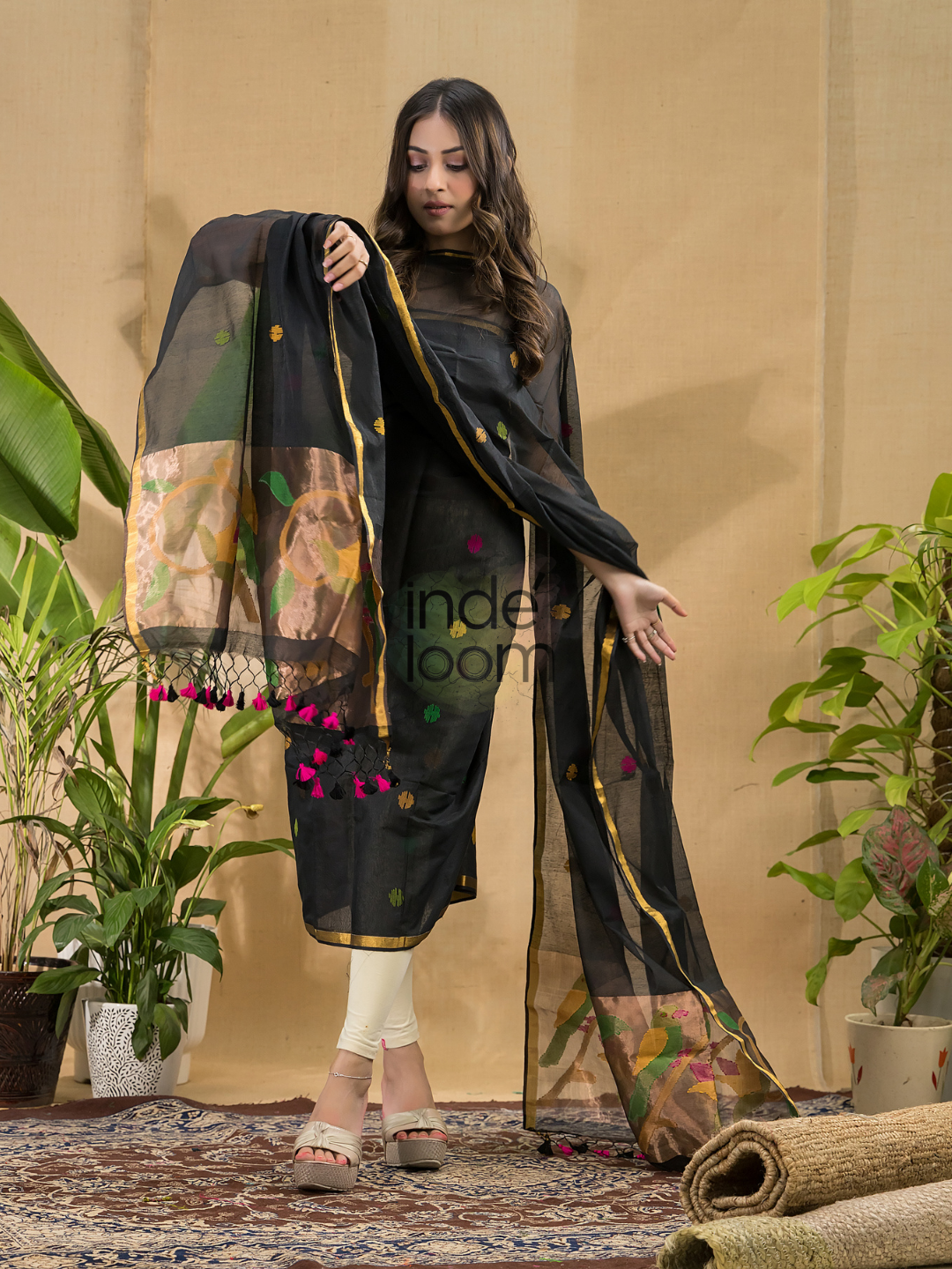 Dark Black Jamdani 2-Piece Set Kurti & Dupatta (UNSTITCHED) -775