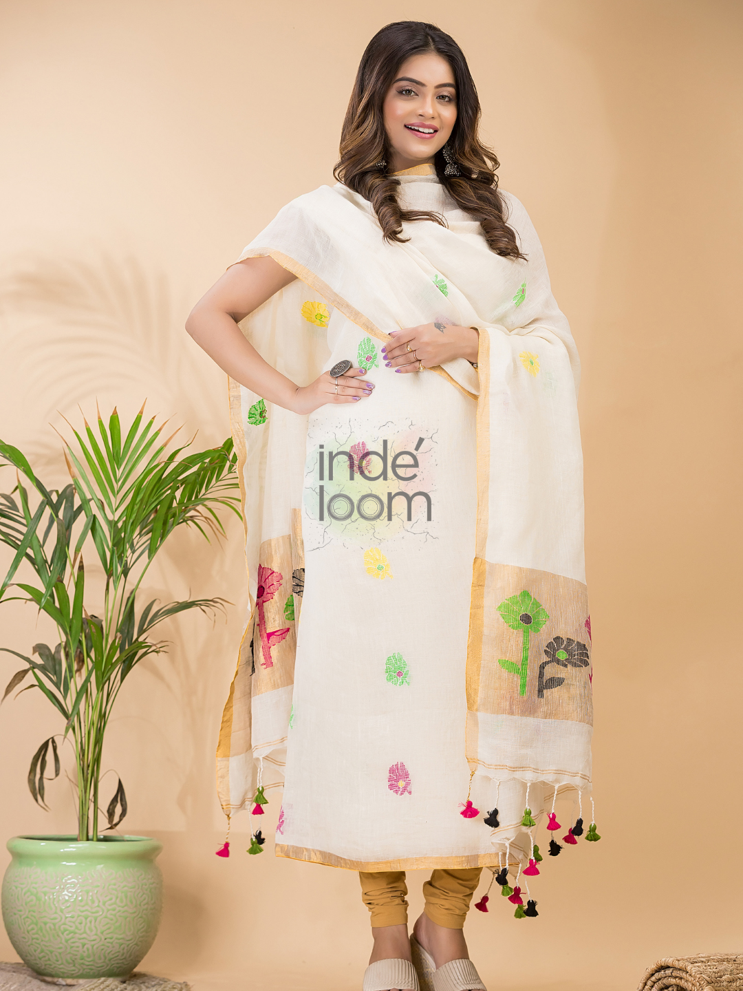 Pearl White Linen X Linen 2-Piece Set Kurti & Dupatta (UNSTITCHED) - 064