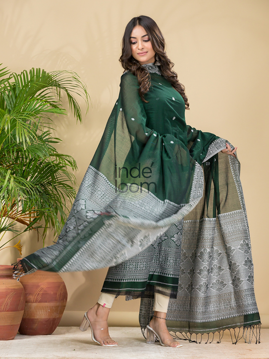 Dark Green Mercerised Cotton Baluchari 2-Piece Set Kurti Dupatta (UNSTITCHED)-887
