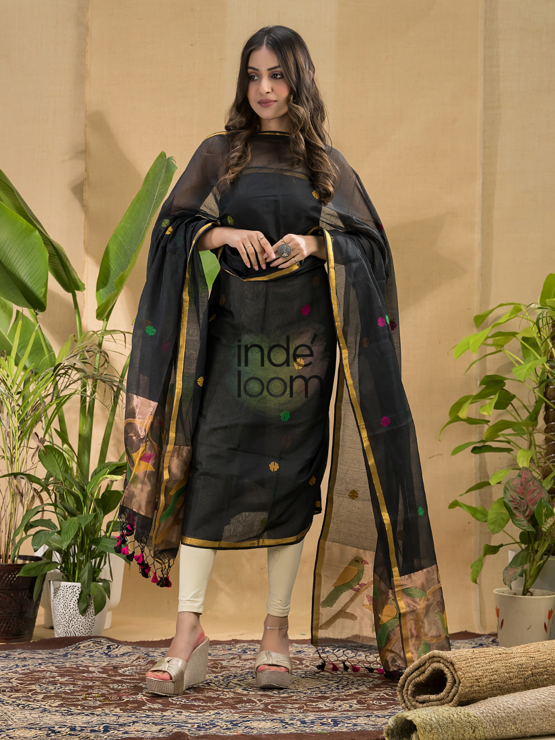 Dark Black Jamdani 2-Piece Set Kurti & Dupatta (UNSTITCHED) -775