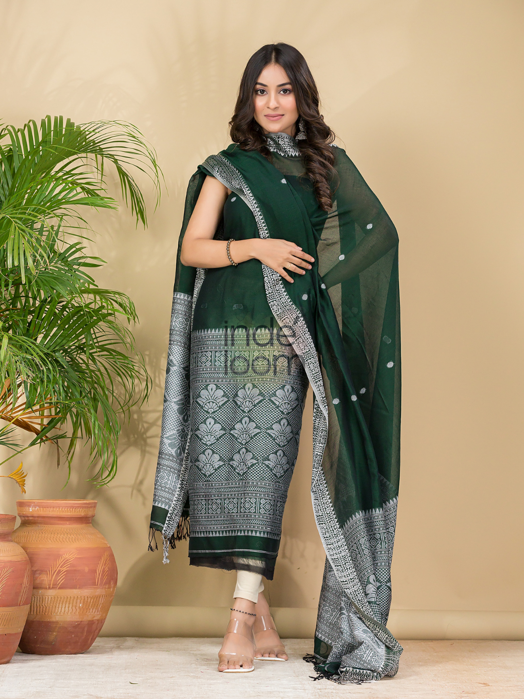 Dark Green Mercerised Cotton Baluchari 2-Piece Set Kurti Dupatta (UNSTITCHED)-887