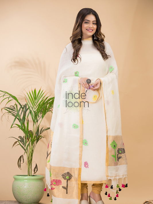 Handwoven Jamdani Linen Unstitched 2-piece Kurti  |  Pearl White
