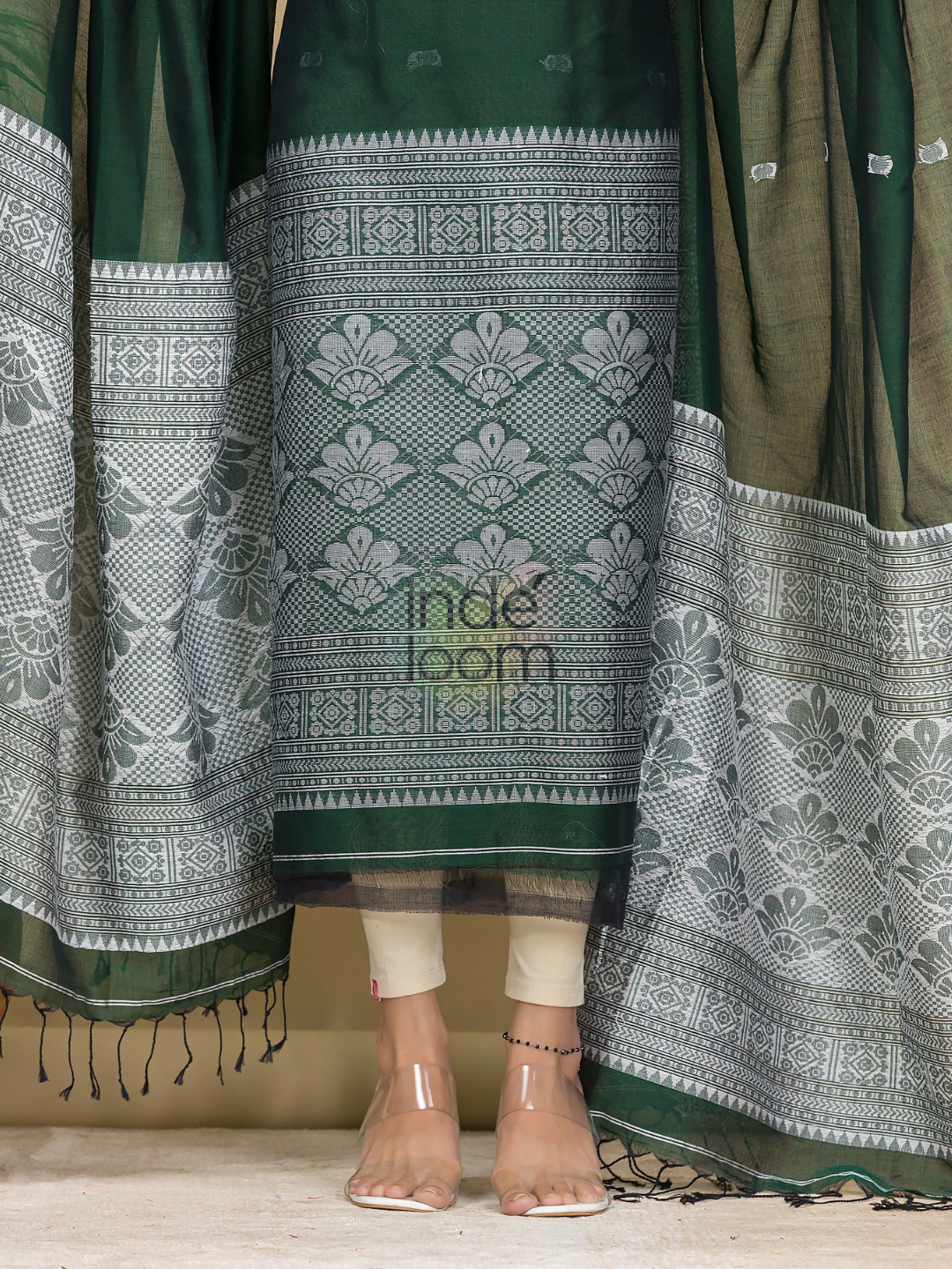 Dark Green Mercerised Cotton Baluchari 2-Piece Set Kurti Dupatta (UNSTITCHED)-887