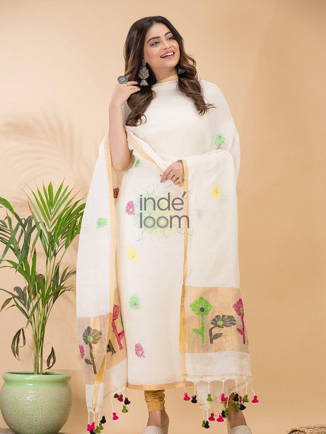 Pearl White Linen X Linen 2-Piece Set Kurti & Dupatta (UNSTITCHED) - 064