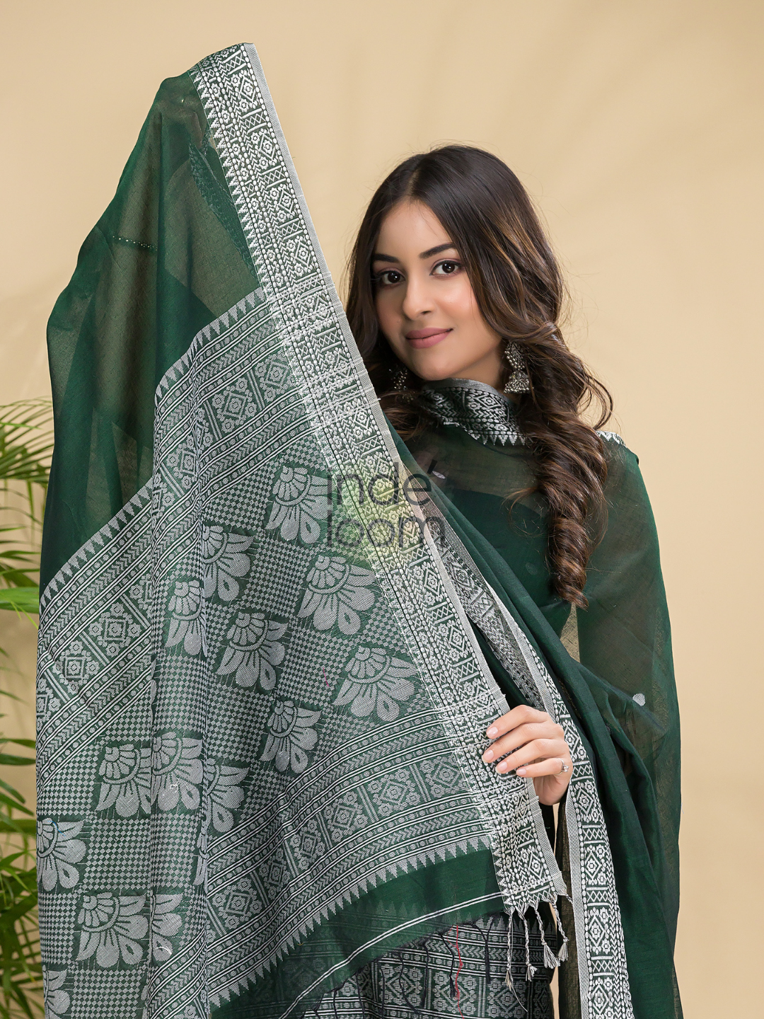 Dark Green Mercerised Cotton Baluchari 2-Piece Set Kurti Dupatta (UNSTITCHED)-887