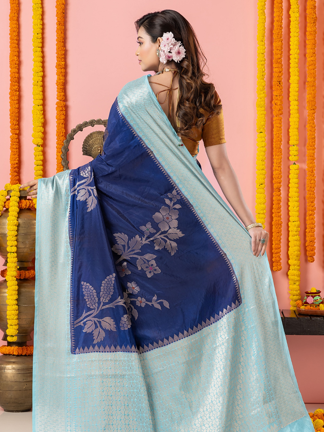 Classic Benarasi Semi Silk Saree | Deep Navy Blue