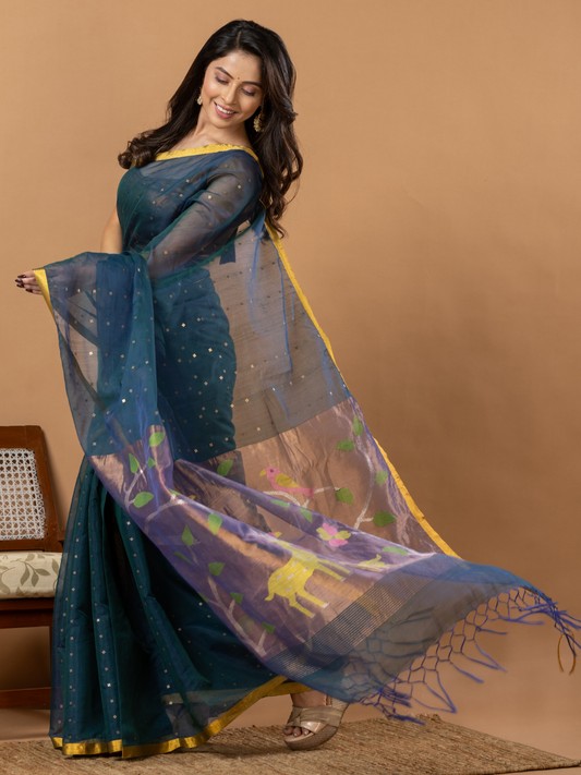 Handwoven Jamdani Muslin Saree | Deep Teal