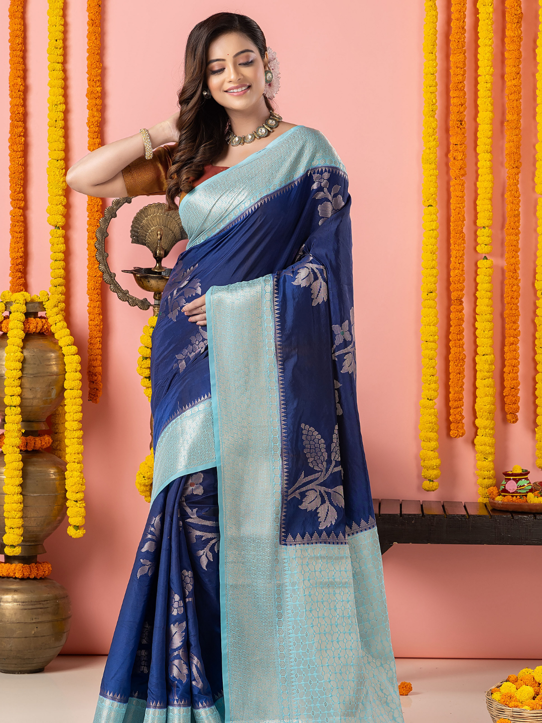 Classic Benarasi Semi Silk Saree | Deep Navy Blue