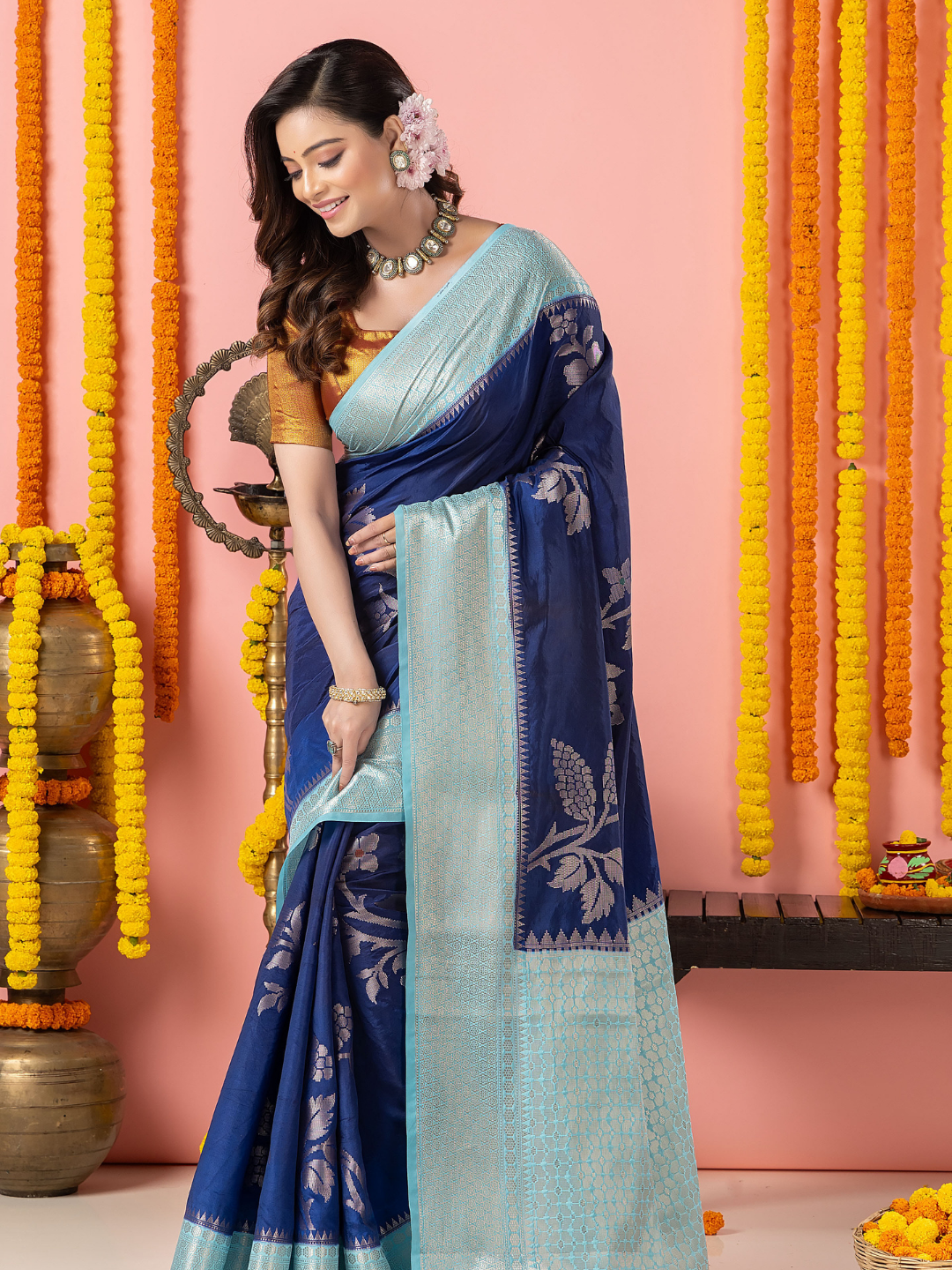Classic Benarasi Semi Silk Saree | Deep Navy Blue