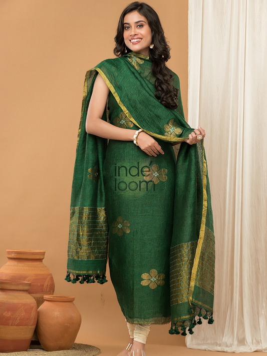 Pine Green color Jamdani 2-Piece Set Kurti & Dupatta (UNSTITCHED) - 144