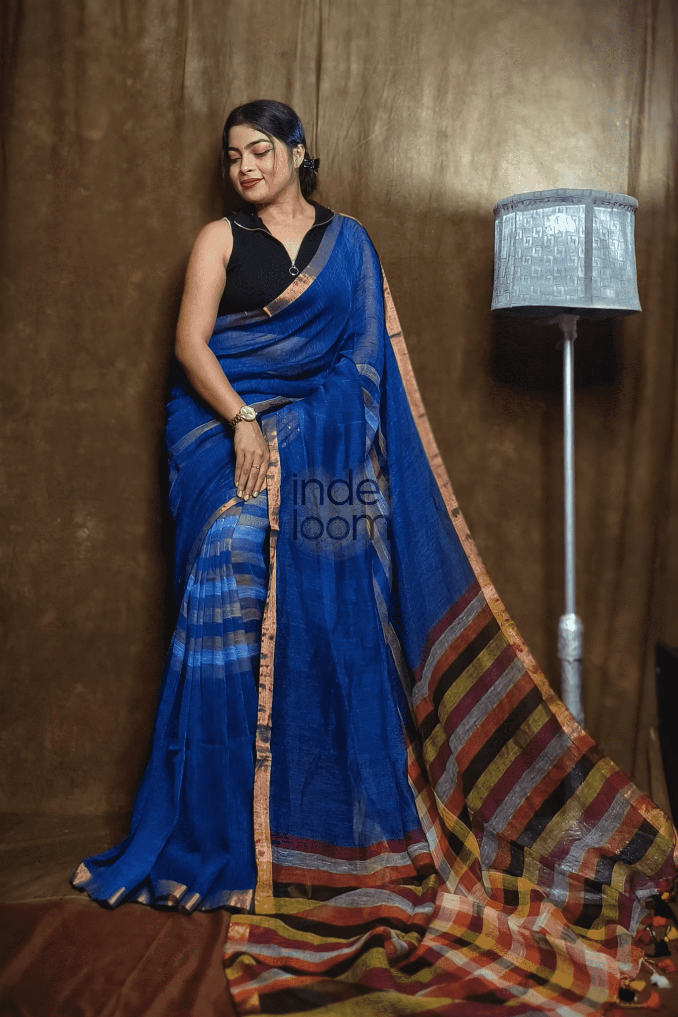 Handloom Linen Checks Saree with Blue and Multicolor Stripes Pallu-014 - indeloom