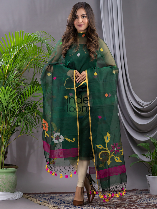 Dark Green Cotton Silk Jamdani 2-Piece Set Kurti & Dupatta (UNSTITCHED) - 106