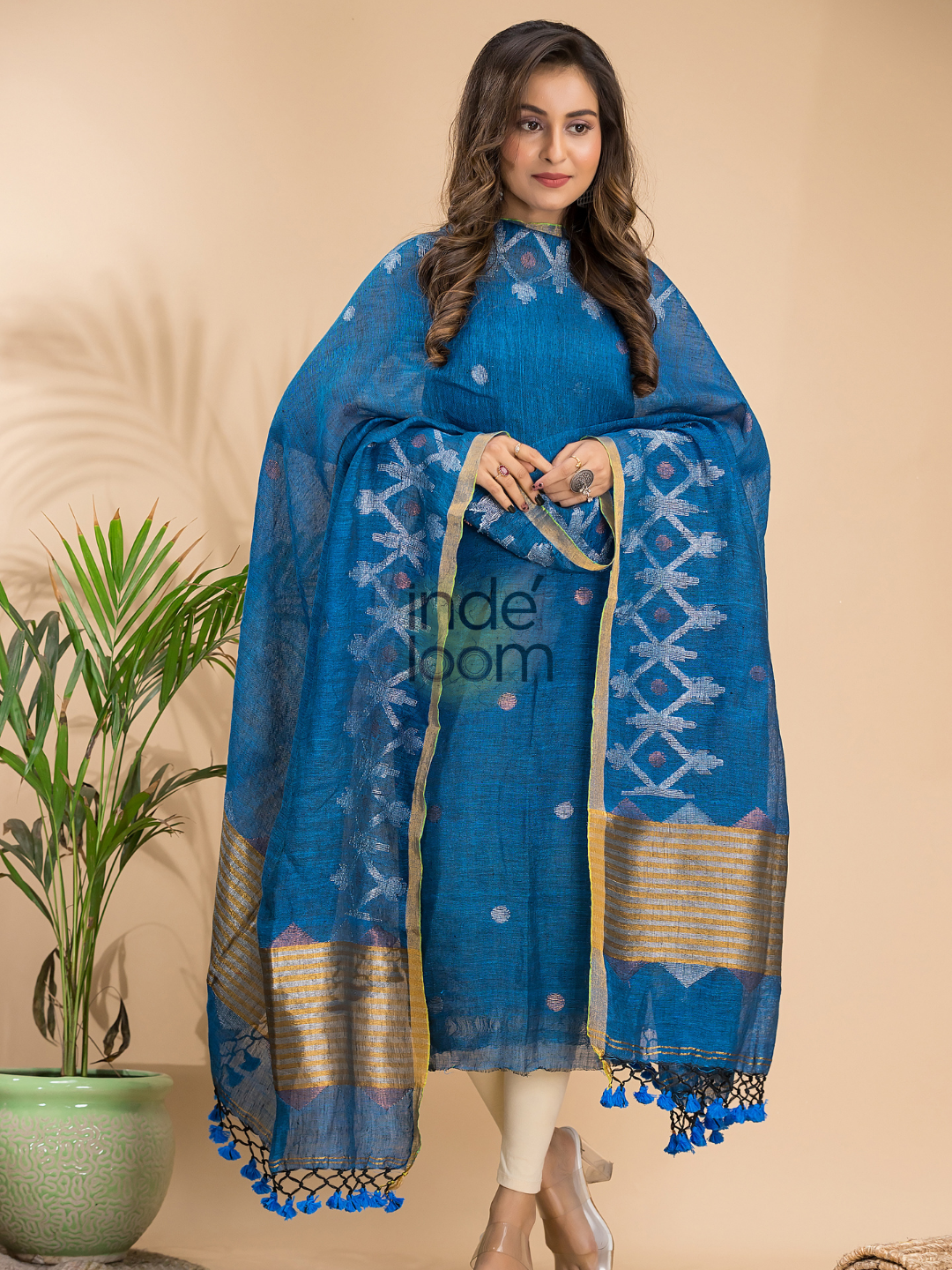 Royal Blue Linen X Line 2-Piece Set Kurti & Dupatta (UNSTITCHED) - 007