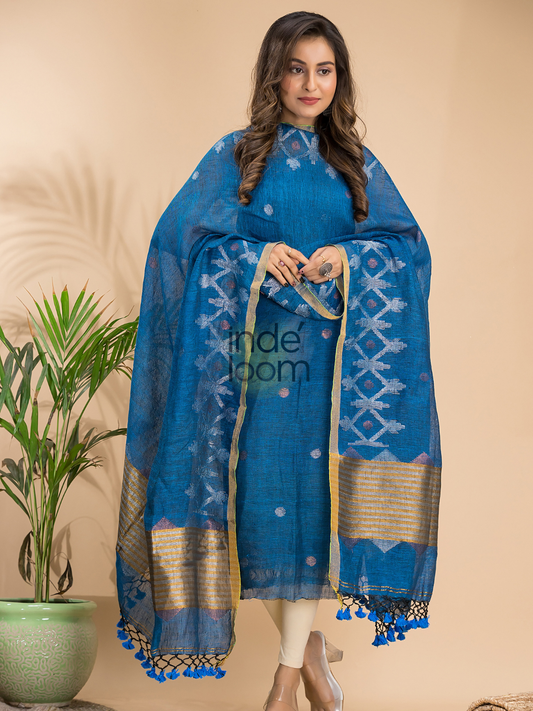 Royal Blue Linen X Line 2-Piece Set Kurti & Dupatta (UNSTITCHED) - 007