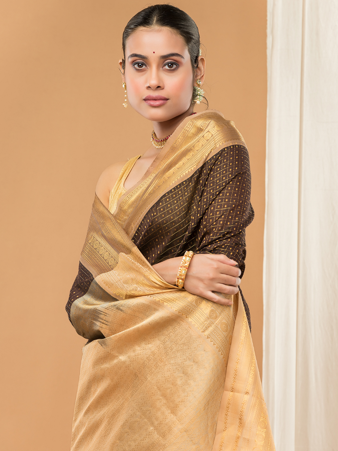 Pure Handloom Korvai Saree | Dark Brown With Golden Pallu Broder