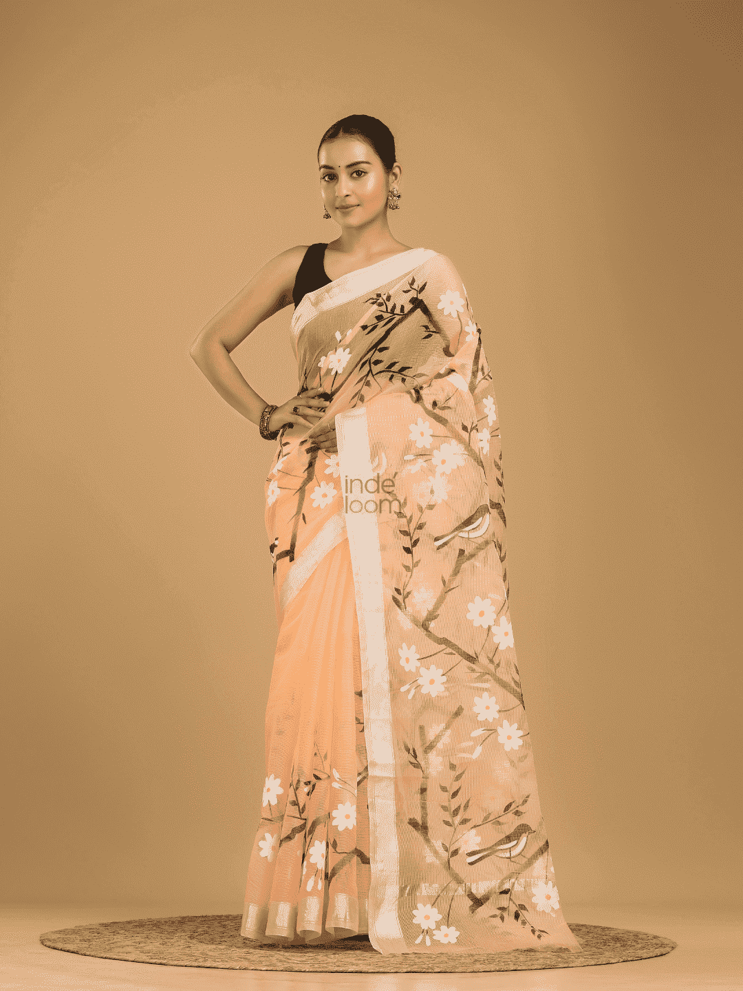 Kota Doria Handpainted Saree With Pale Orange - 006 - indeloom