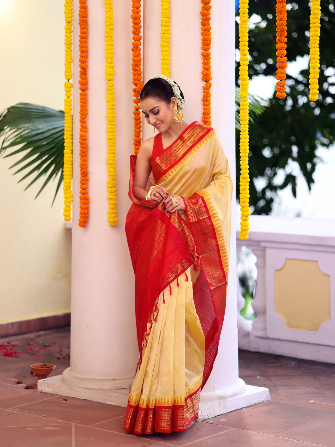 Pure Handloom Korvai Saree | Golden Yellow and Red