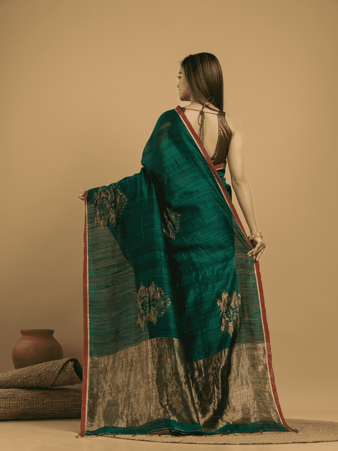 Dark Green Matka Silk Jamdani Saree - 041 - indeloom