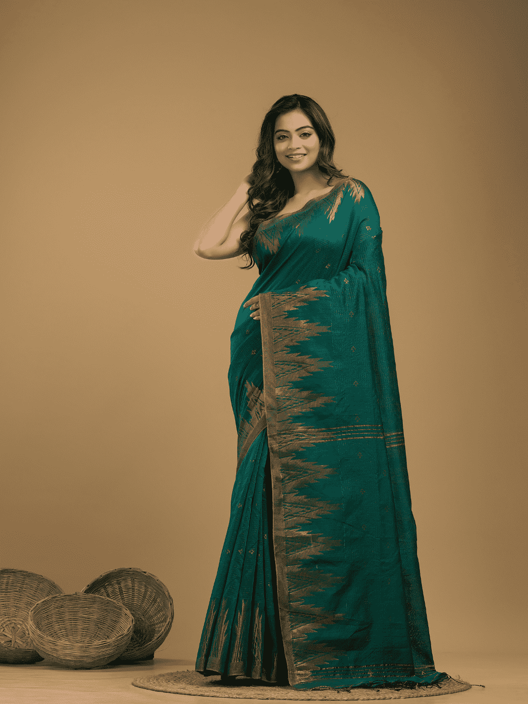Jamdani Saree With Teal Green - 06 - indeloom