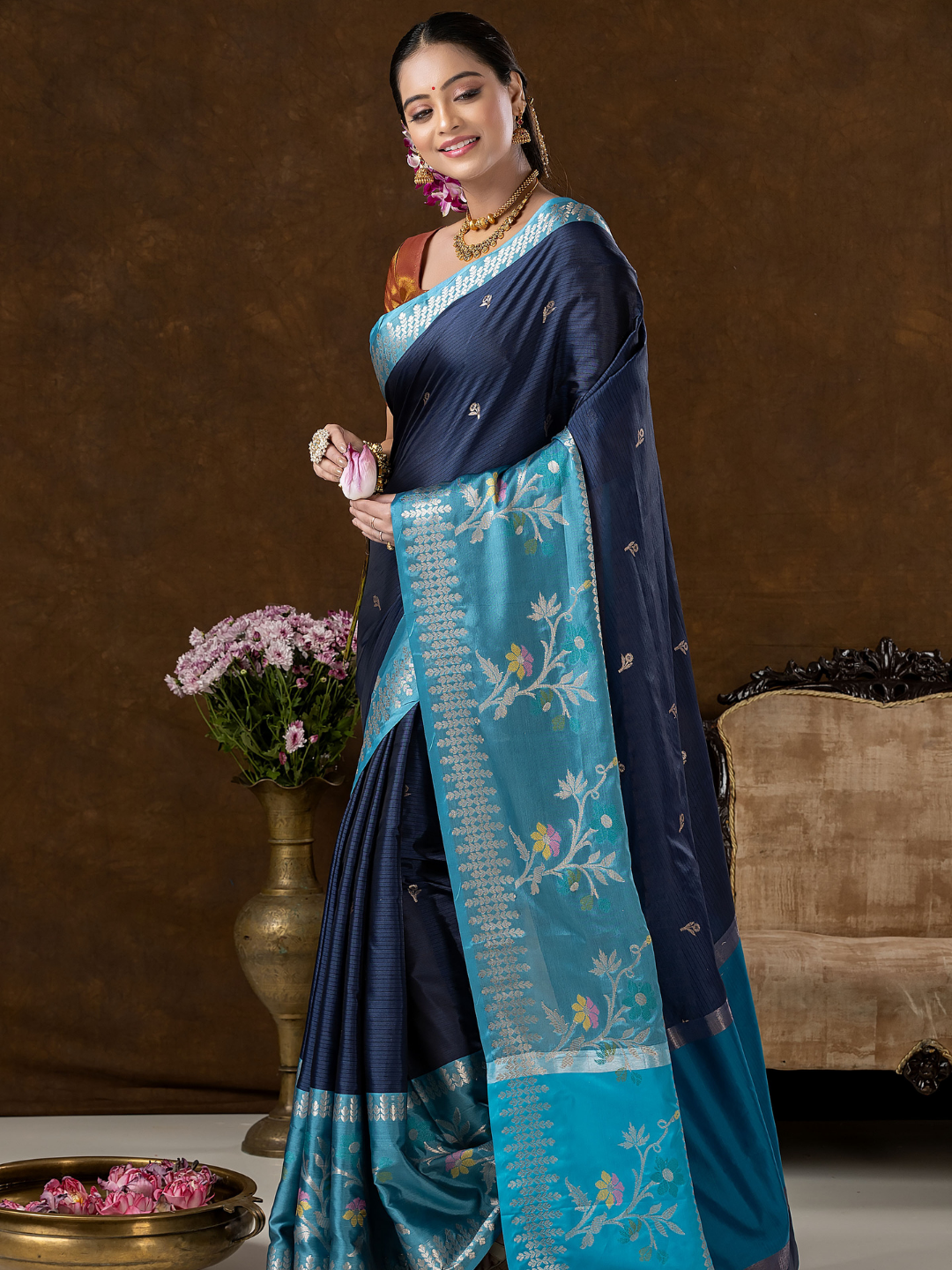 Classic Benarasi Semi Silk Saree | Deep Navy Blue