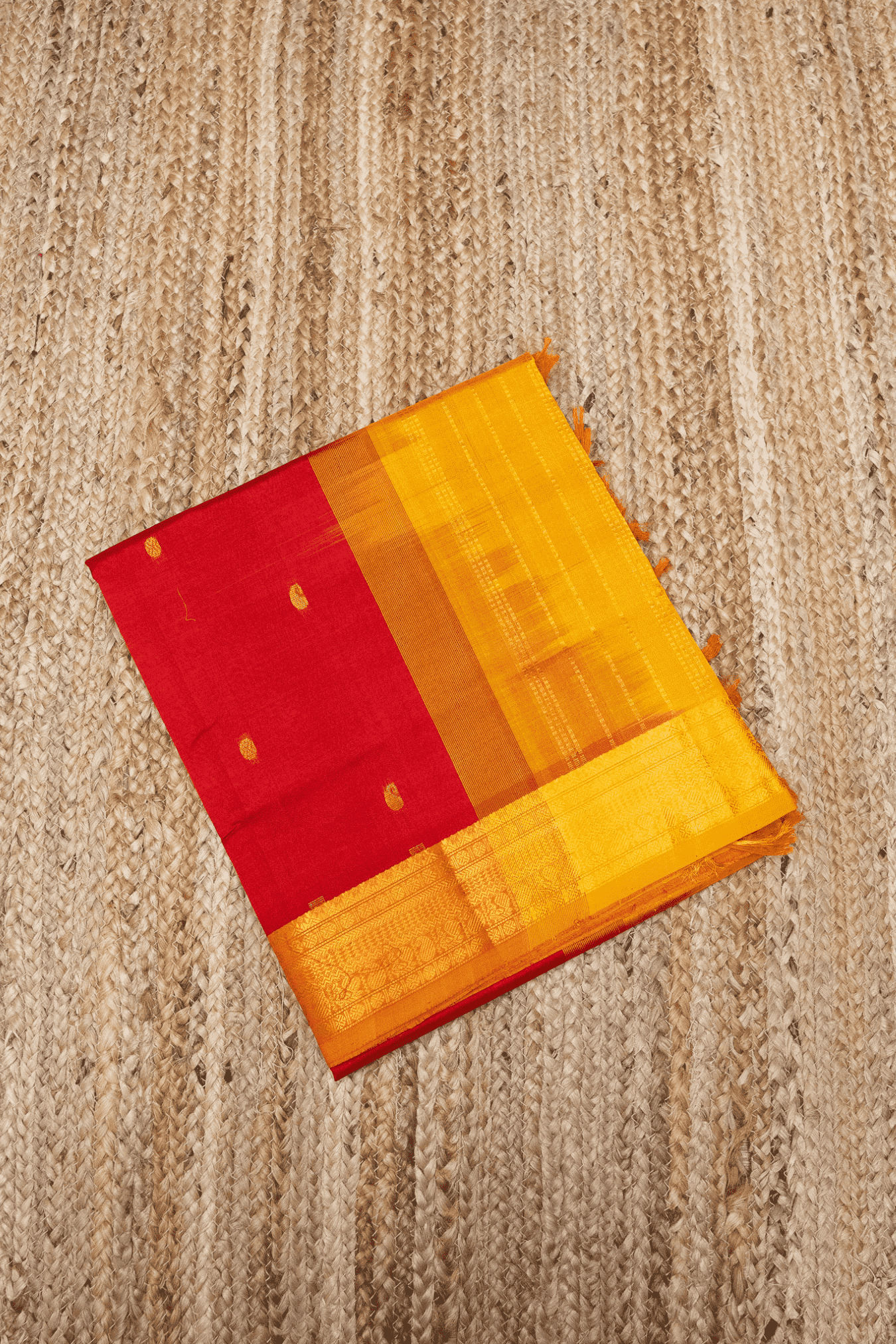 Pure Handloom Korvai Saree | Classic Korvai with small zari buttas | Red and Yellow