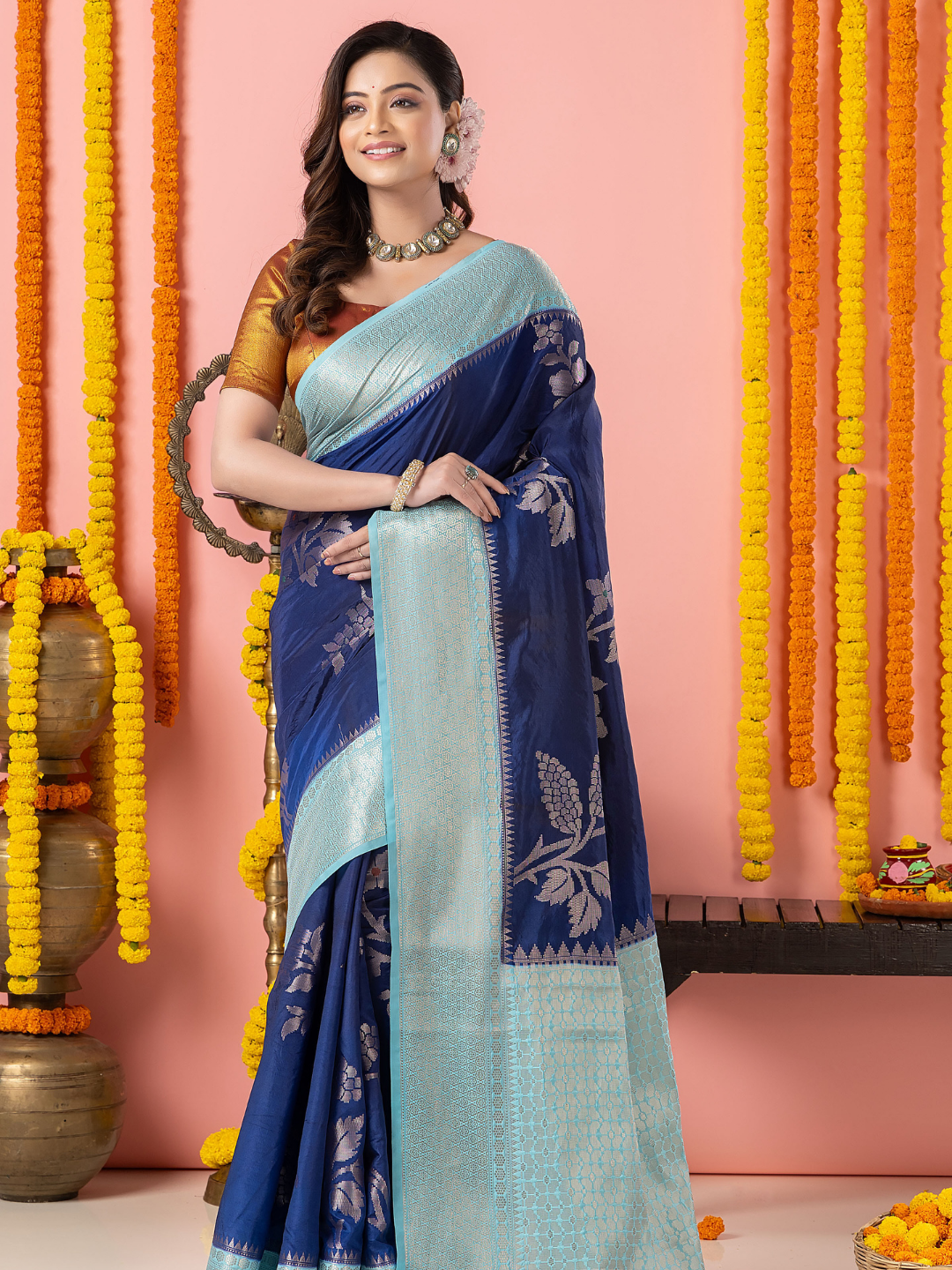 Classic Benarasi Semi Silk Saree | Deep Navy Blue