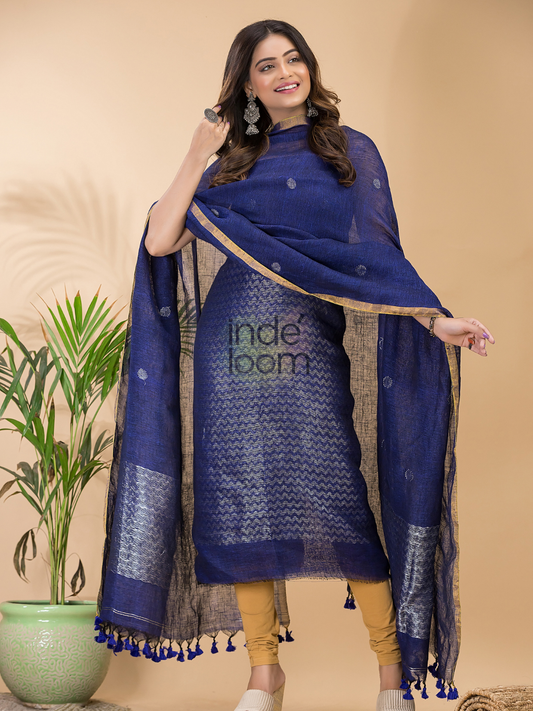 Handwoven Jamdani Silk Cotton Unstitched 2-piece Kurti  |  Denim Blue