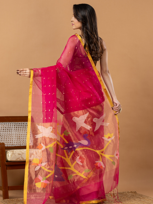 Handwoven Jamdani Muslin Saree | Hot Pink