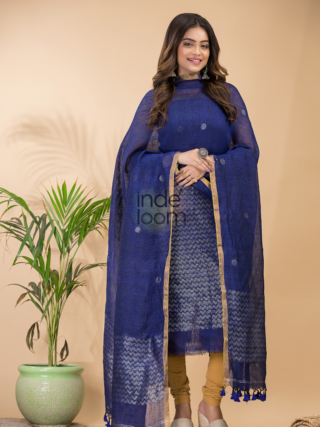 Denim Blue | Handloom Jamdani Linen Unstitched 2-Piece Kurti