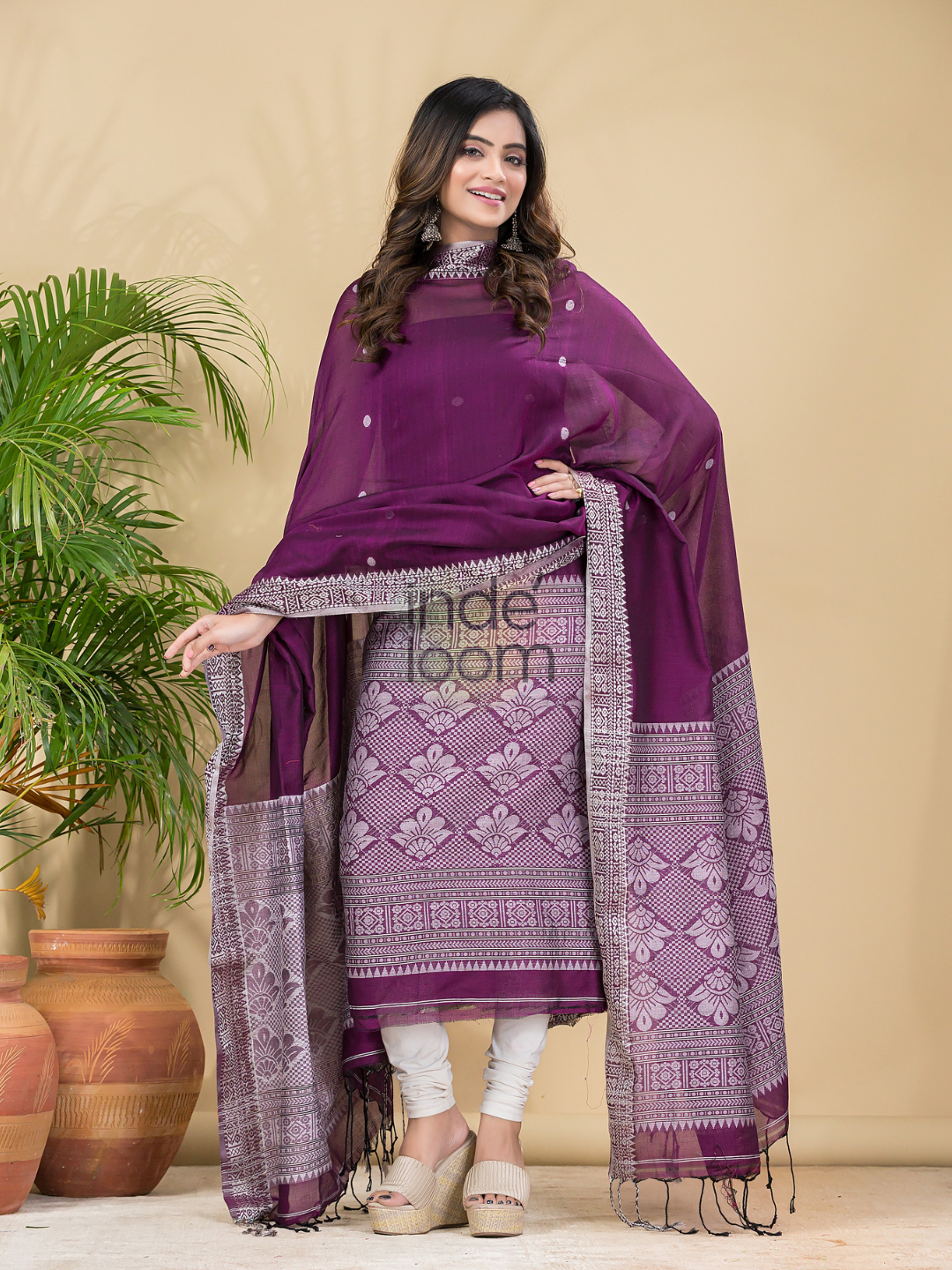 Wine Purple Mercerised Cotton Baluchari 2-Piece Set Kurti Dupatta (UNSTITCHED)-886
