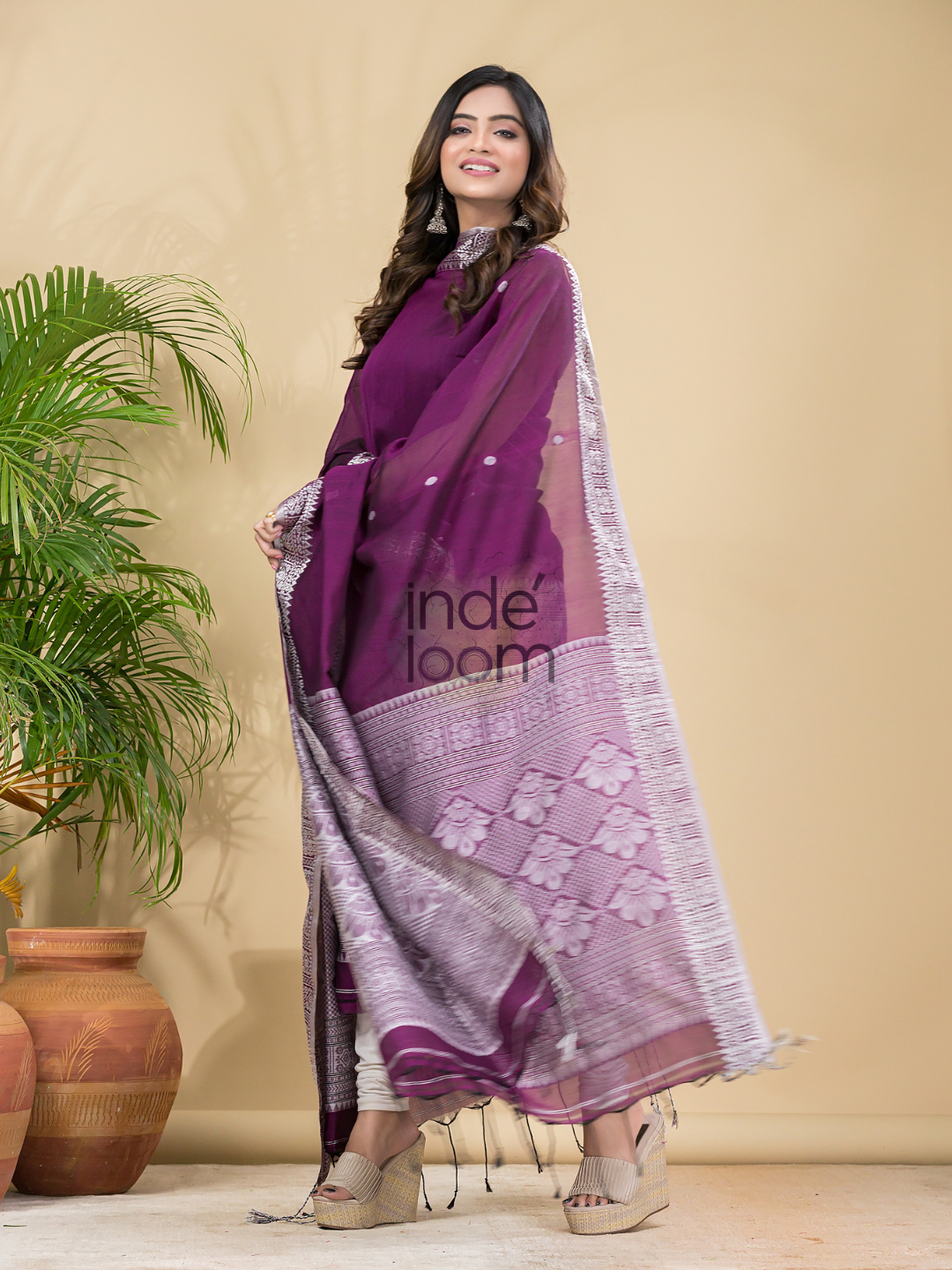 Wine Purple Mercerised Cotton Baluchari 2-Piece Set Kurti Dupatta (UNSTITCHED)-886
