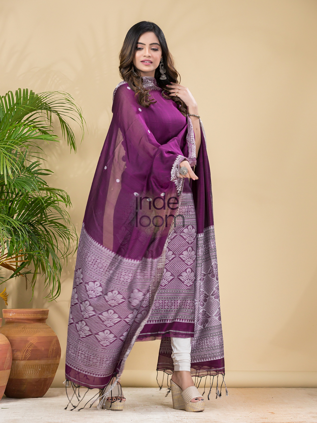 Wine Purple Mercerised Cotton Baluchari 2-Piece Set Kurti Dupatta (UNSTITCHED)-886