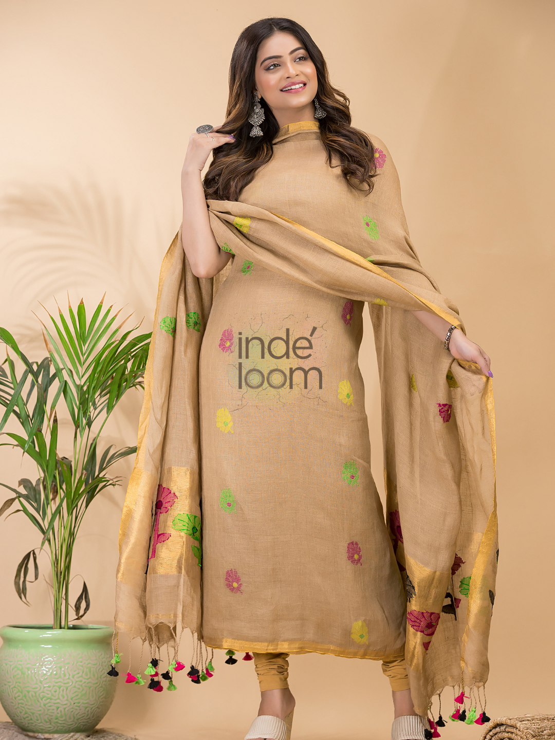 Sand Beige | Handloom Jamdani Tissue-Linen Unstitched 2-Piece Kurti