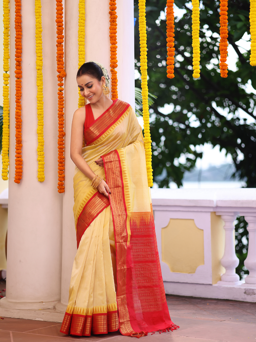 Pure Handloom Korvai Saree | Golden Yellow and Red
