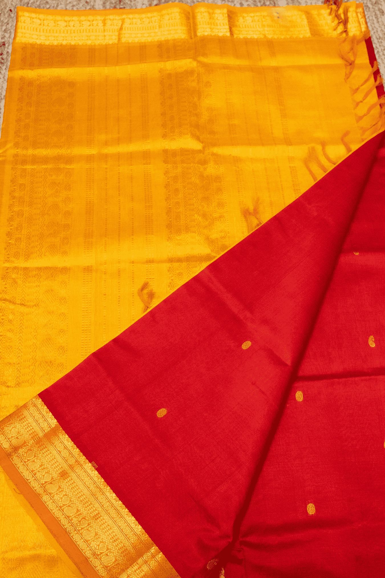 Pure Handloom Korvai Saree | Classic Korvai with small zari buttas | Red and Yellow