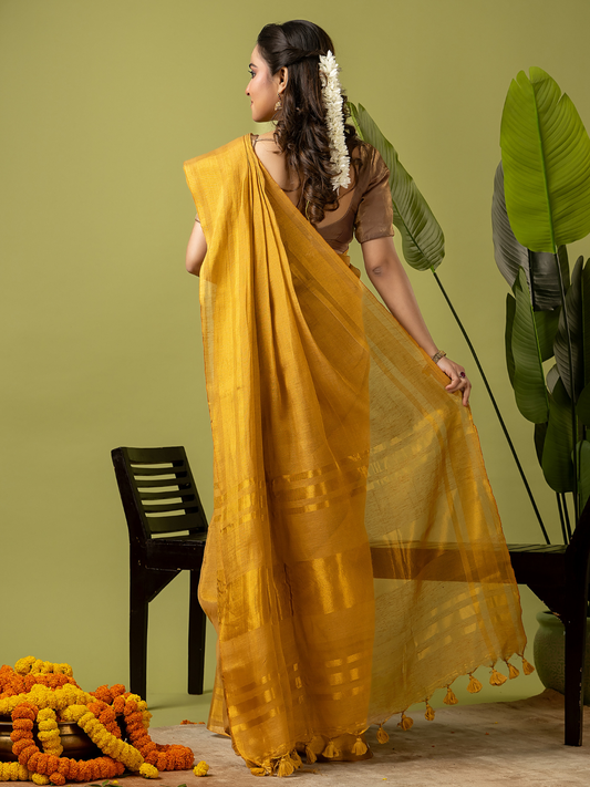 Pure Handloom Linen Saree | Golden Yellow  and Yellow | Half and Half style with Contrast Border